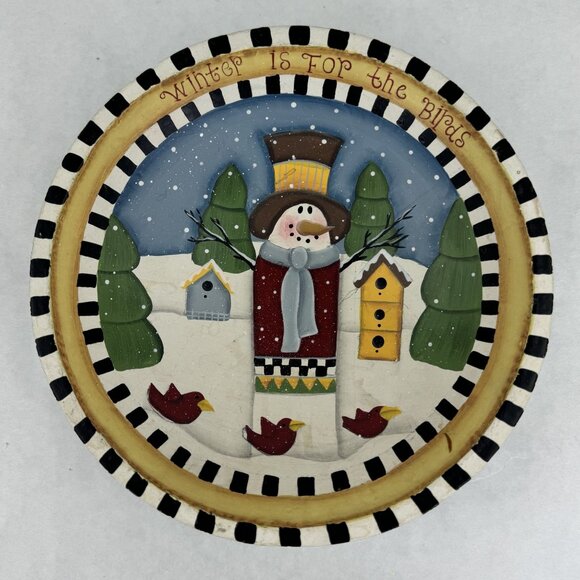 Hand-Painted Wooden Bowl 8" Snowman Design "Winter Is For The Birds" Rustic - Picture 1 of 6